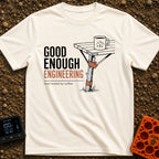Good Enough Engineering - T-Shirt in Ivory - An illustration showing a folding camp table repaired with a wooden branch...