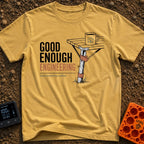 Good Enough Engineering - T-Shirt in Mustard - An illustration showing a folding camp table repaired with a wooden branch...