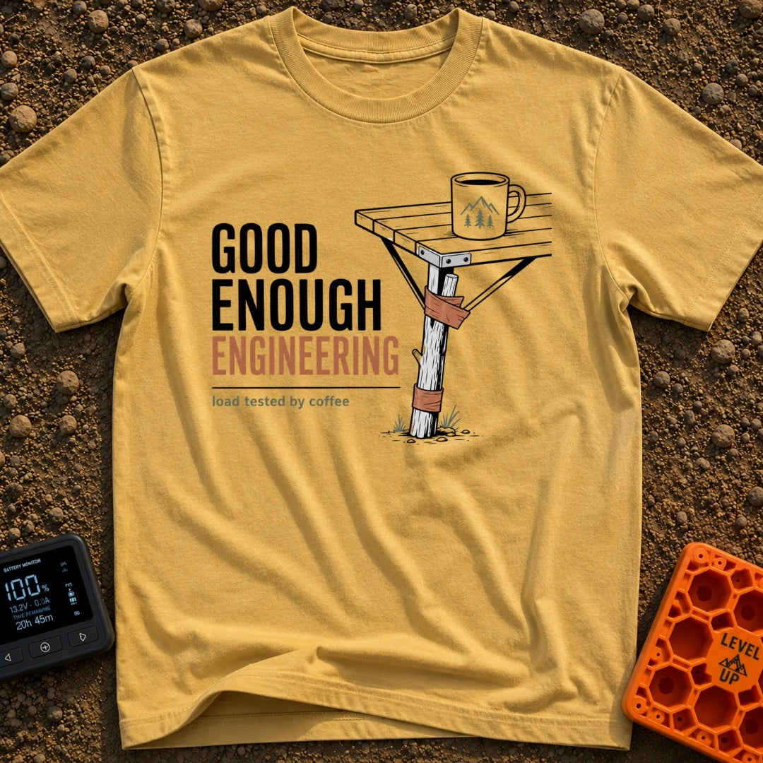 Good Enough Engineering - T-Shirt in Mustard - An illustration showing a folding camp table repaired with a wooden branch...