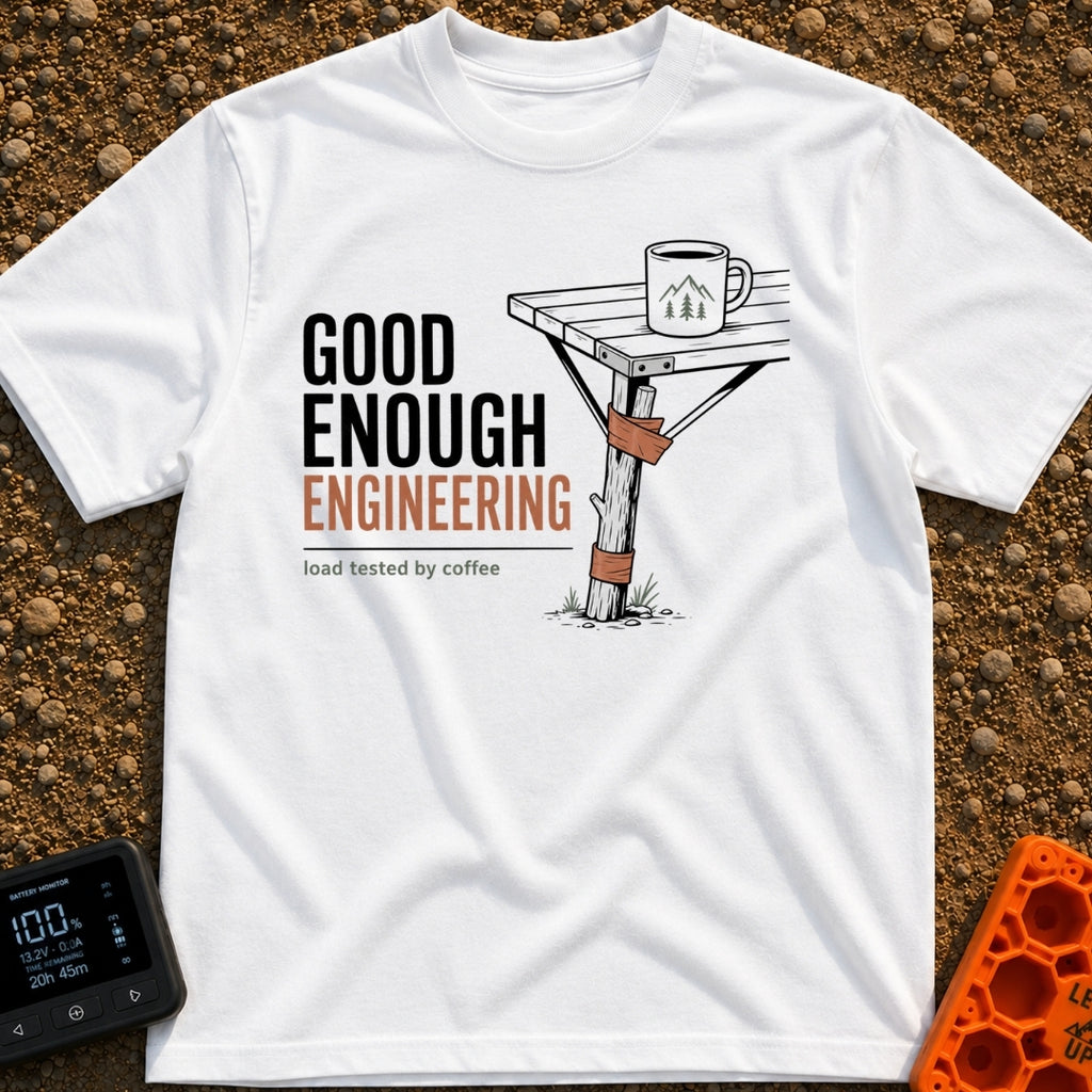 Good Enough Engineering - T-Shirt in White - An illustration showing a folding camp table repaired with a wooden branch...