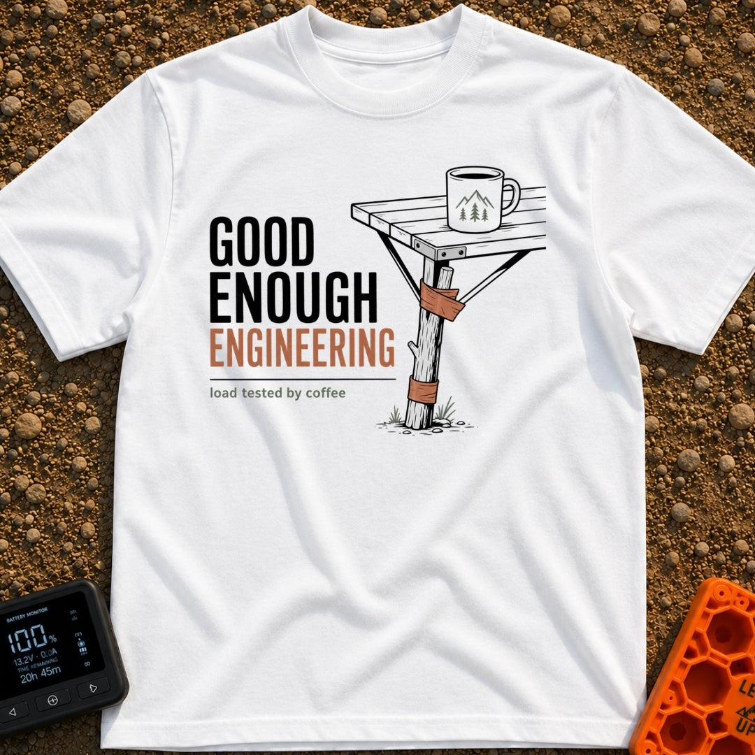 Good Enough Engineering - T-Shirt in White - An illustration showing a folding camp table repaired with a wooden branch...