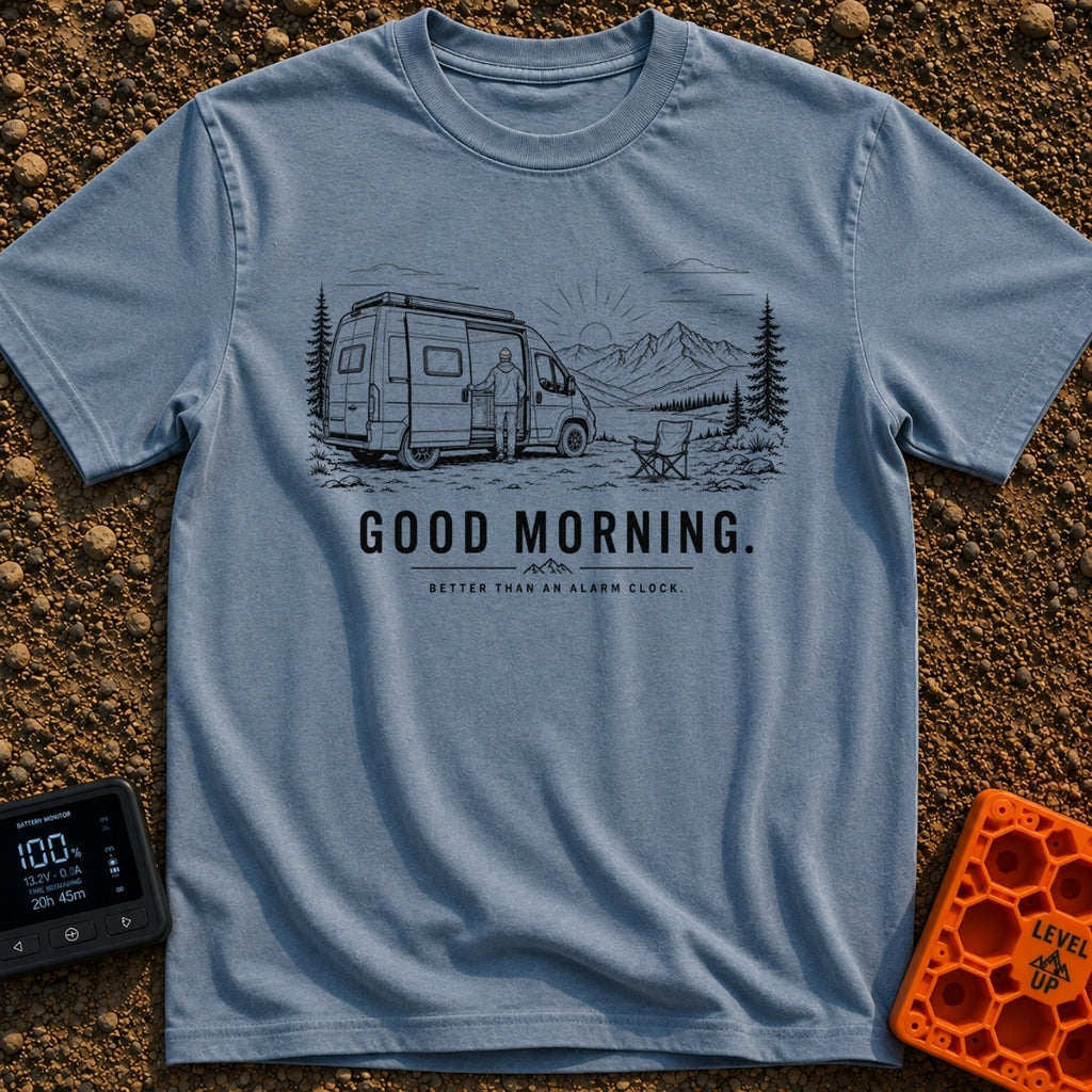 Better Than An Alarm - T-Shirt in Blue Jean - A black and white line drawing of a person standing in the open sliding...
