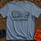 Better Than An Alarm - T-Shirt in Blue Jean - A black and white line drawing of a person standing in the open sliding...