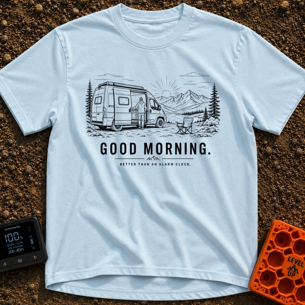 Better Than An Alarm - T-Shirt in Chambray - A black and white line drawing of a person standing in the open sliding door...