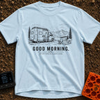 Better Than An Alarm - T-Shirt in Chambray - A black and white line drawing of a person standing in the open sliding door...