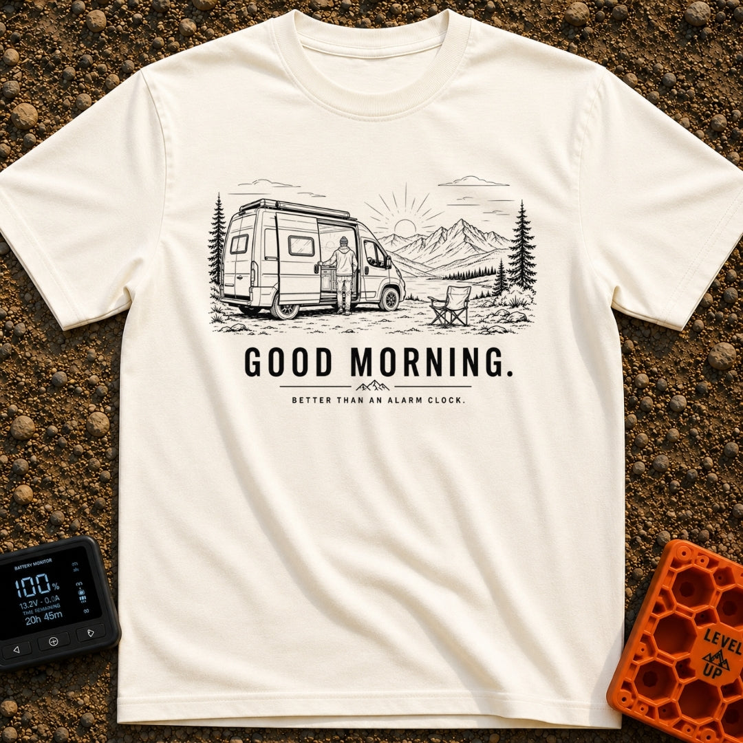 Better Than An Alarm - T-Shirt in Ivory - A black and white line drawing of a person standing in the open sliding door of...