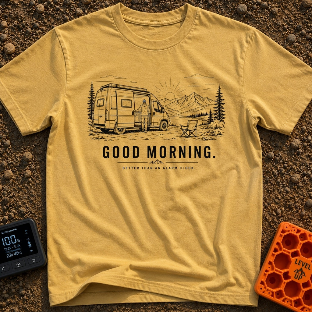 Better Than An Alarm - T-Shirt in Mustard - A black and white line drawing of a person standing in the open sliding door...