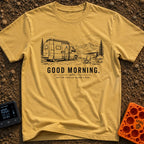 Better Than An Alarm - T-Shirt in Mustard - A black and white line drawing of a person standing in the open sliding door...