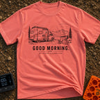 Better Than An Alarm - T-Shirt in Watermelon - A black and white line drawing of a person standing in the open sliding...