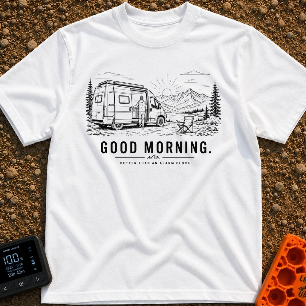 Better Than An Alarm - T-Shirt in White - A black and white line drawing of a person standing in the open sliding door of...