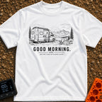 Better Than An Alarm - T-Shirt in White - A black and white line drawing of a person standing in the open sliding door of...