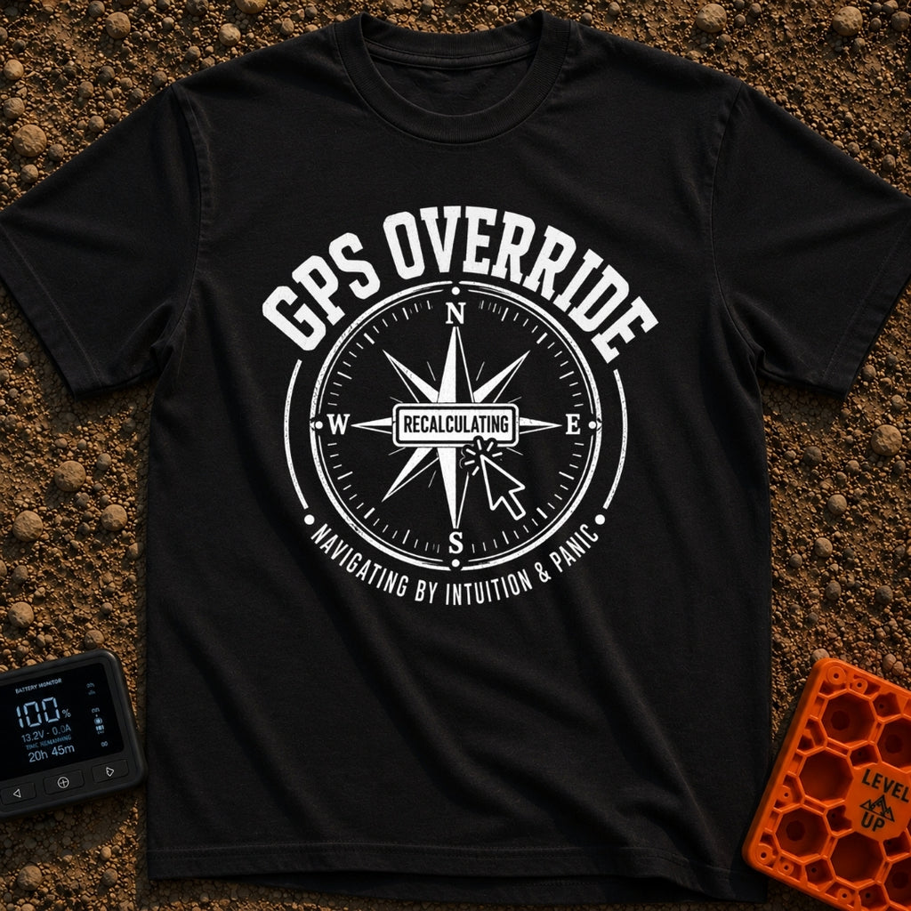Gps Is Optional - T-Shirt in Black - A distressed black-and-white graphic of a compass rose surrounded by the text "GPS...