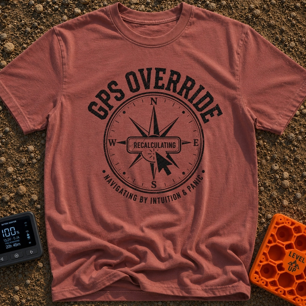 Gps Is Optional - T-Shirt in Brick - A distressed black-and-white graphic of a compass rose surrounded by the text "GPS...