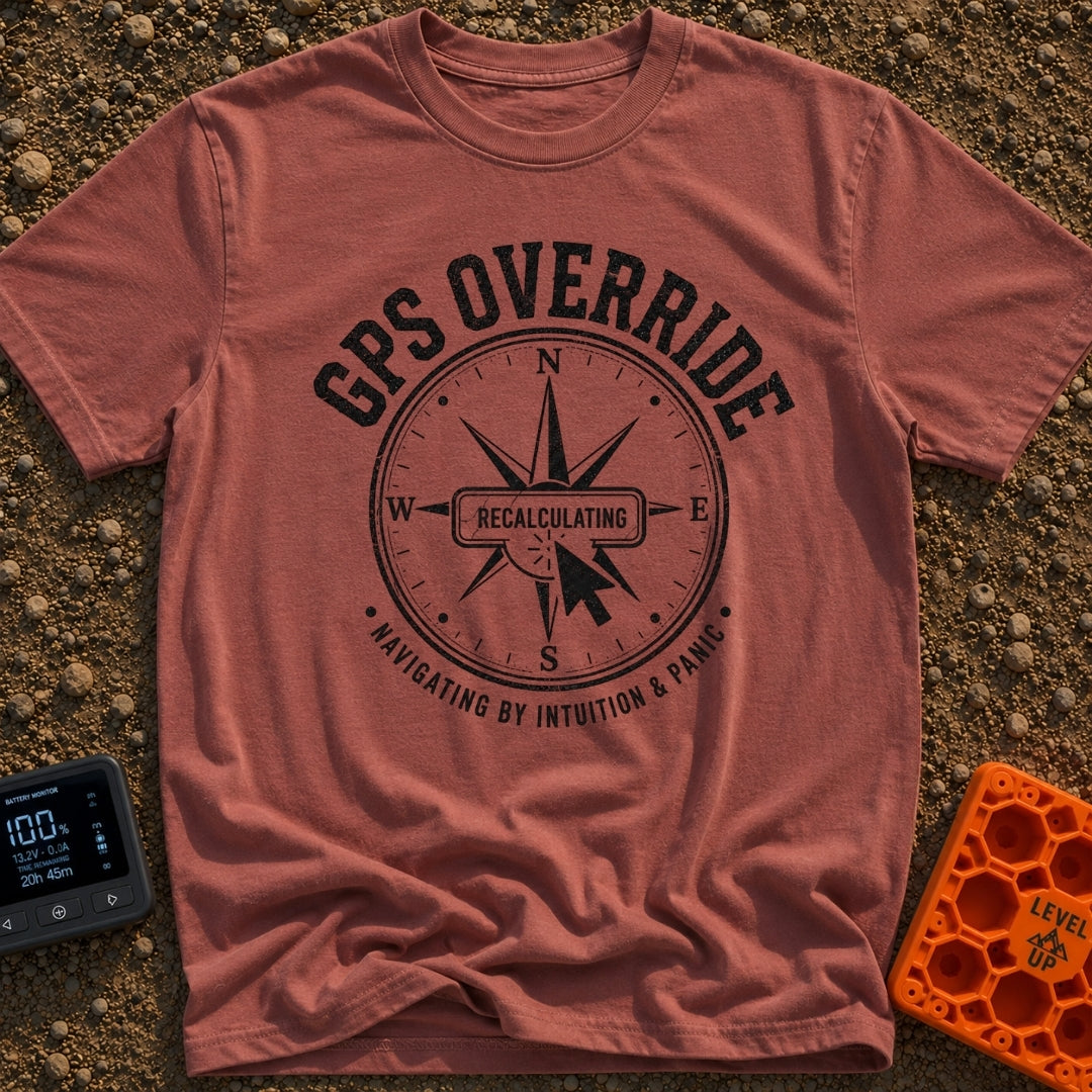 Gps Is Optional - T-Shirt in Brick - A distressed black-and-white graphic of a compass rose surrounded by the text "GPS...