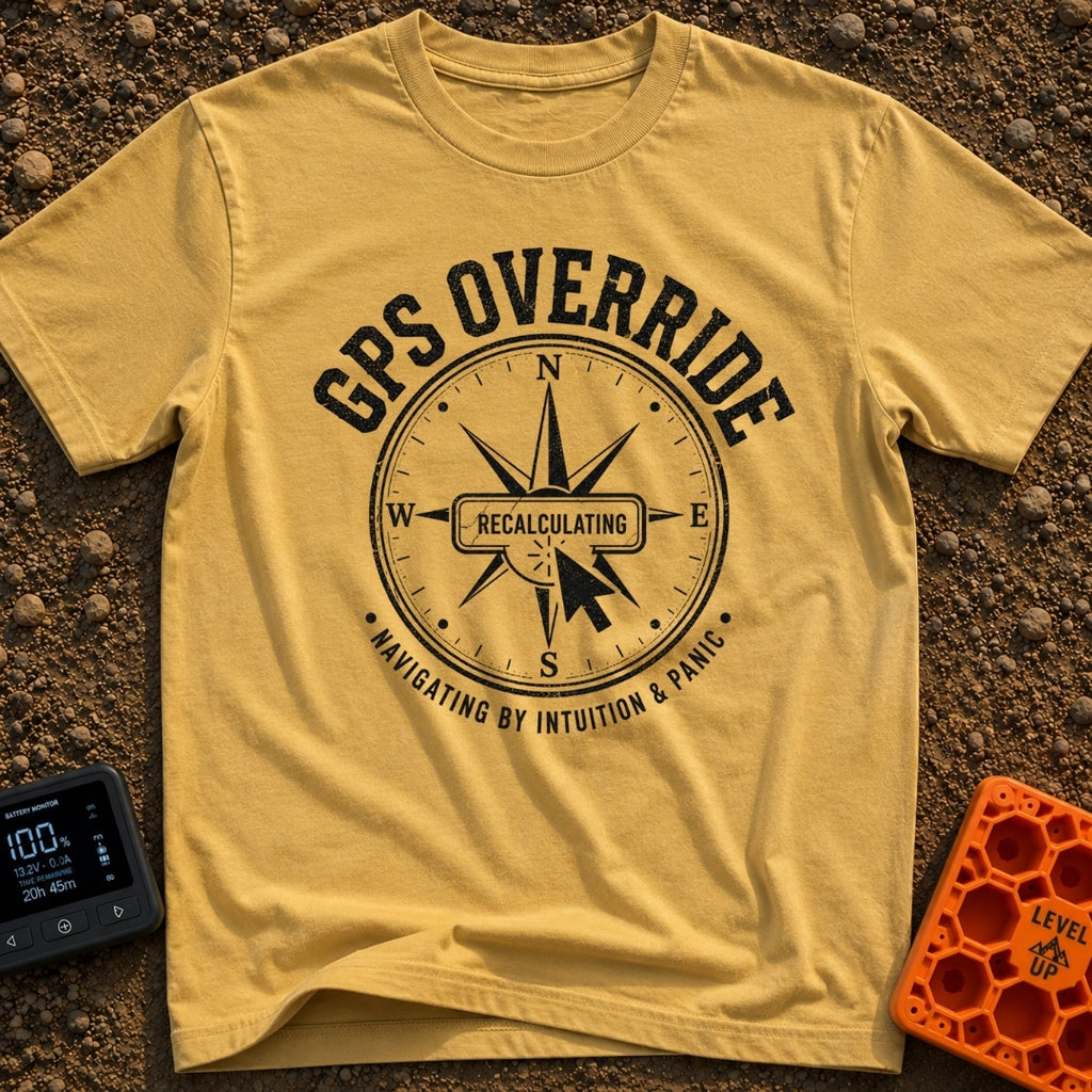 Gps Is Optional - T-Shirt in Mustard - A distressed black-and-white graphic of a compass rose surrounded by the text "GPS...