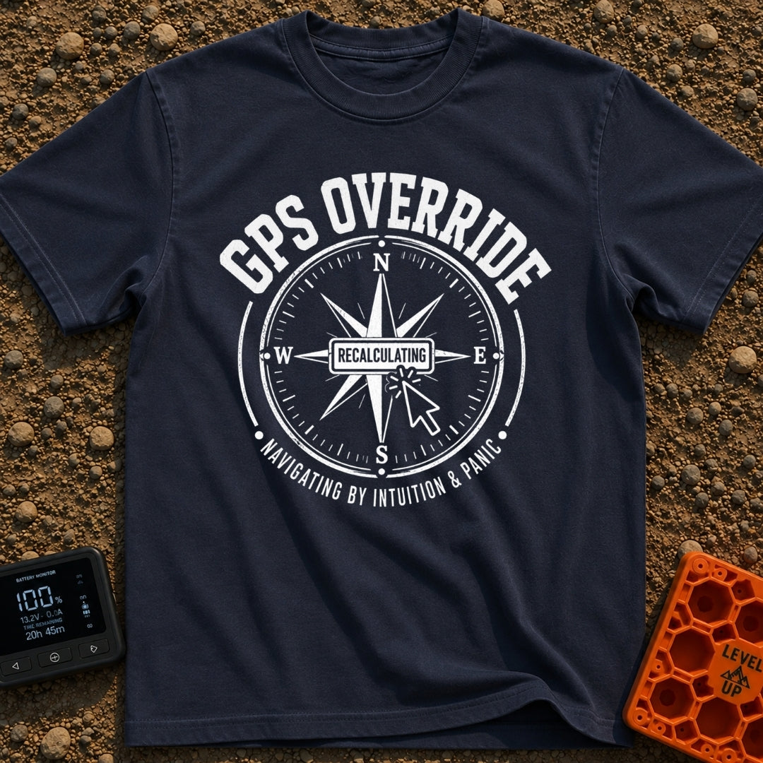 Gps Is Optional - T-Shirt in Navy - A distressed black-and-white graphic of a compass rose surrounded by the text "GPS...
