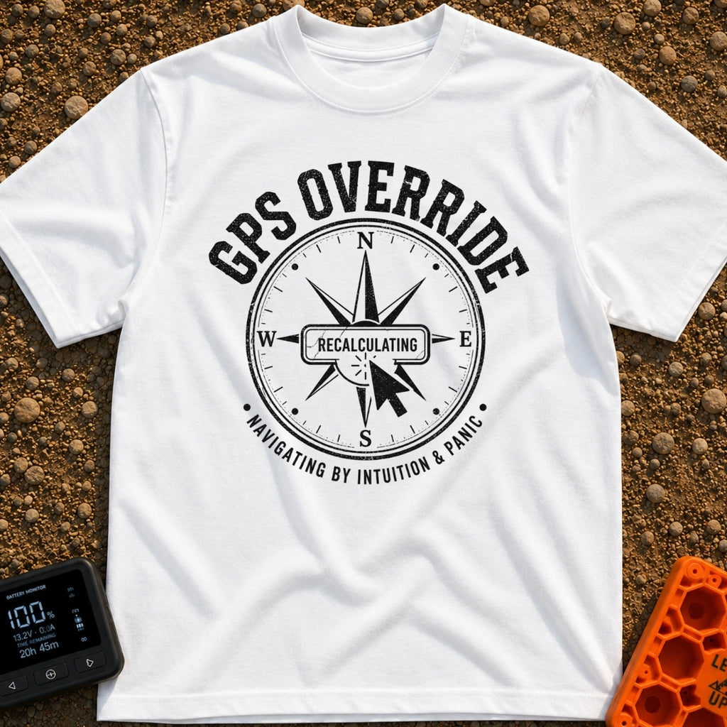 Gps Is Optional - T-Shirt in White - A distressed black-and-white graphic of a compass rose surrounded by the text "GPS...