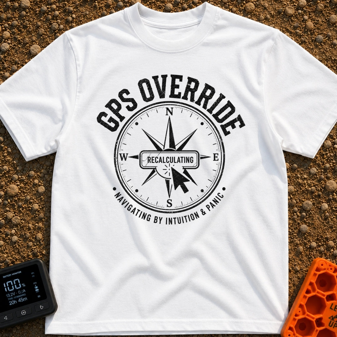 Gps Is Optional - T-Shirt in White - A distressed black-and-white graphic of a compass rose surrounded by the text "GPS...