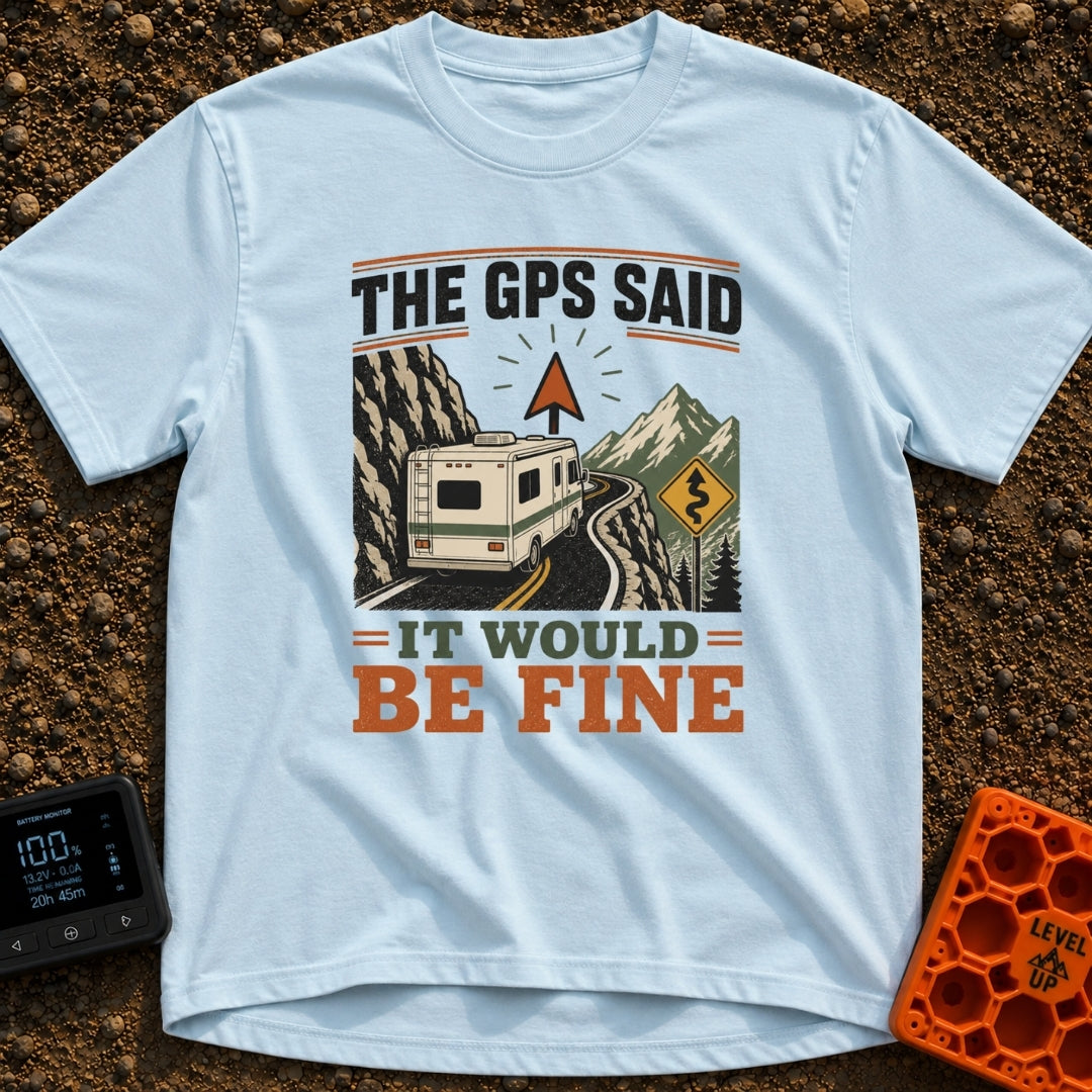 But The GPS Said - T-Shirt in Chambray - A motorhome driving on a narrow, winding mountain road with a steep rock face on...