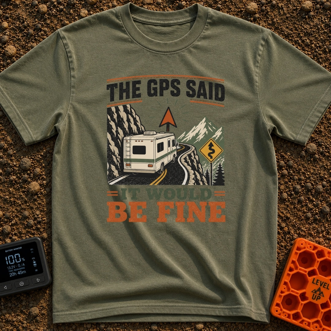 But The GPS Said - T-Shirt in Moss - A motorhome driving on a narrow, winding mountain road with a steep rock face on one...
