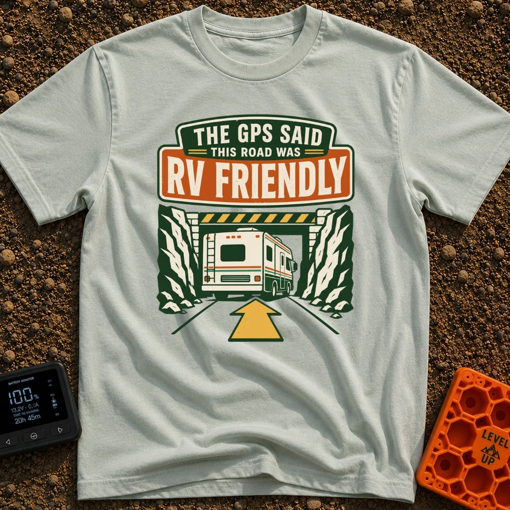 But The GPS Said - T-Shirt in Bay - A retro-style illustration of a motorhome driving toward a low-clearance tunnel...