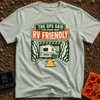 But The GPS Said - T-Shirt in Bay - A retro-style illustration of a motorhome driving toward a low-clearance tunnel...