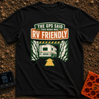 But The GPS Said - T-Shirt in Black - A retro-style illustration of a motorhome driving toward a low-clearance tunnel...