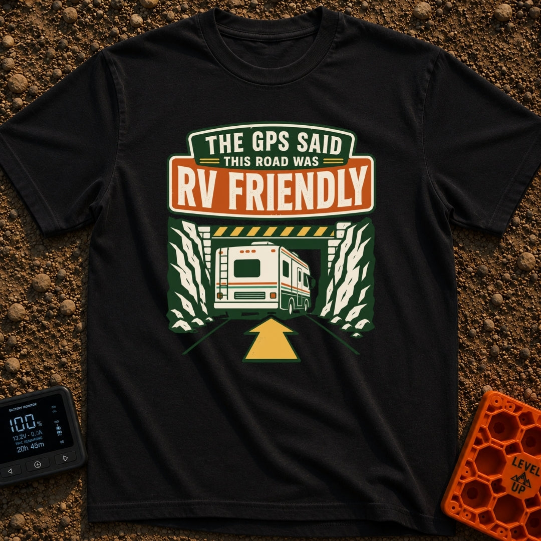 But The GPS Said - T-Shirt in Black - A retro-style illustration of a motorhome driving toward a low-clearance tunnel...