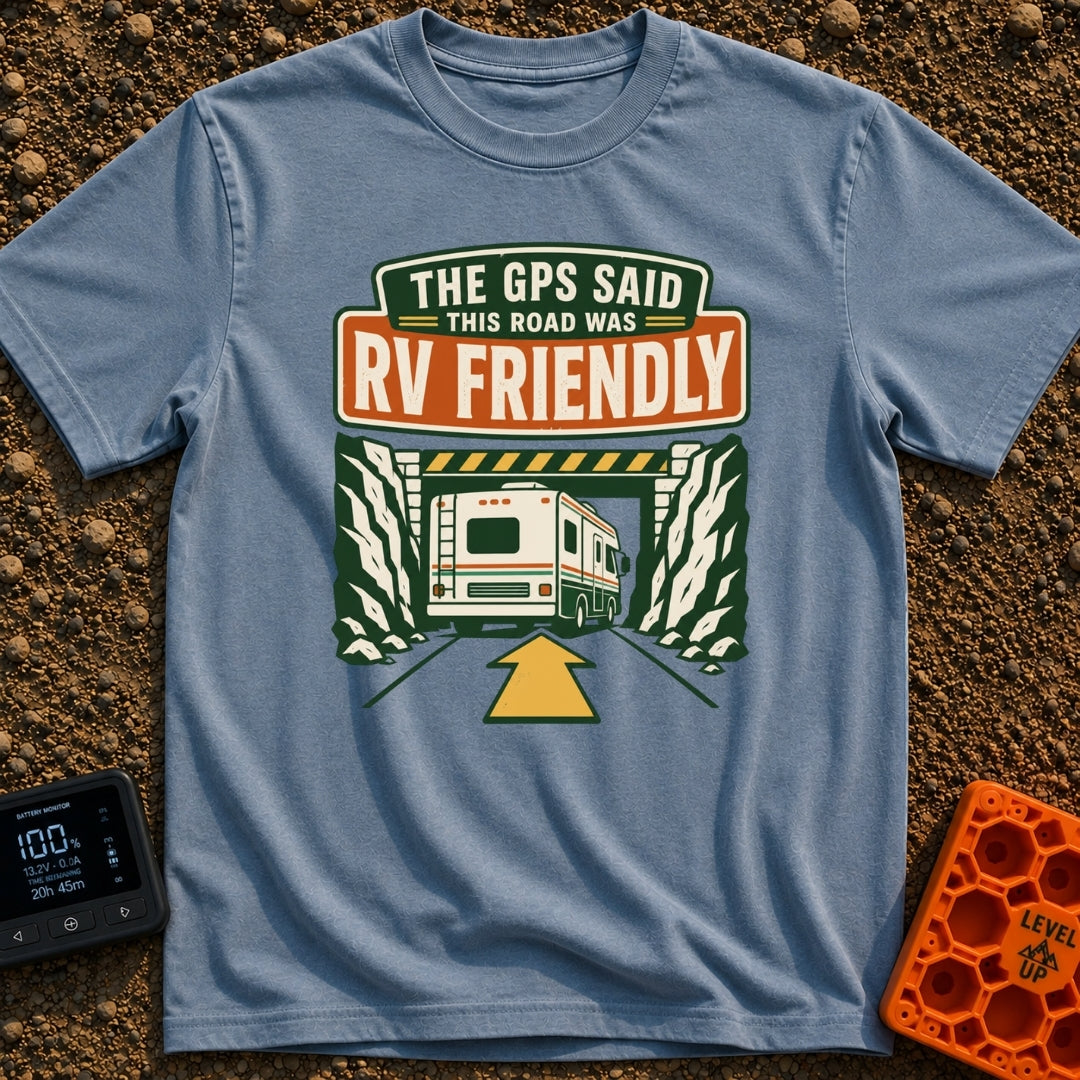 But The GPS Said - T-Shirt in Blue Jean - A retro-style illustration of a motorhome driving toward a low-clearance tunnel...