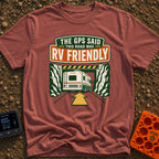 But The GPS Said - T-Shirt in Brick - A retro-style illustration of a motorhome driving toward a low-clearance tunnel...