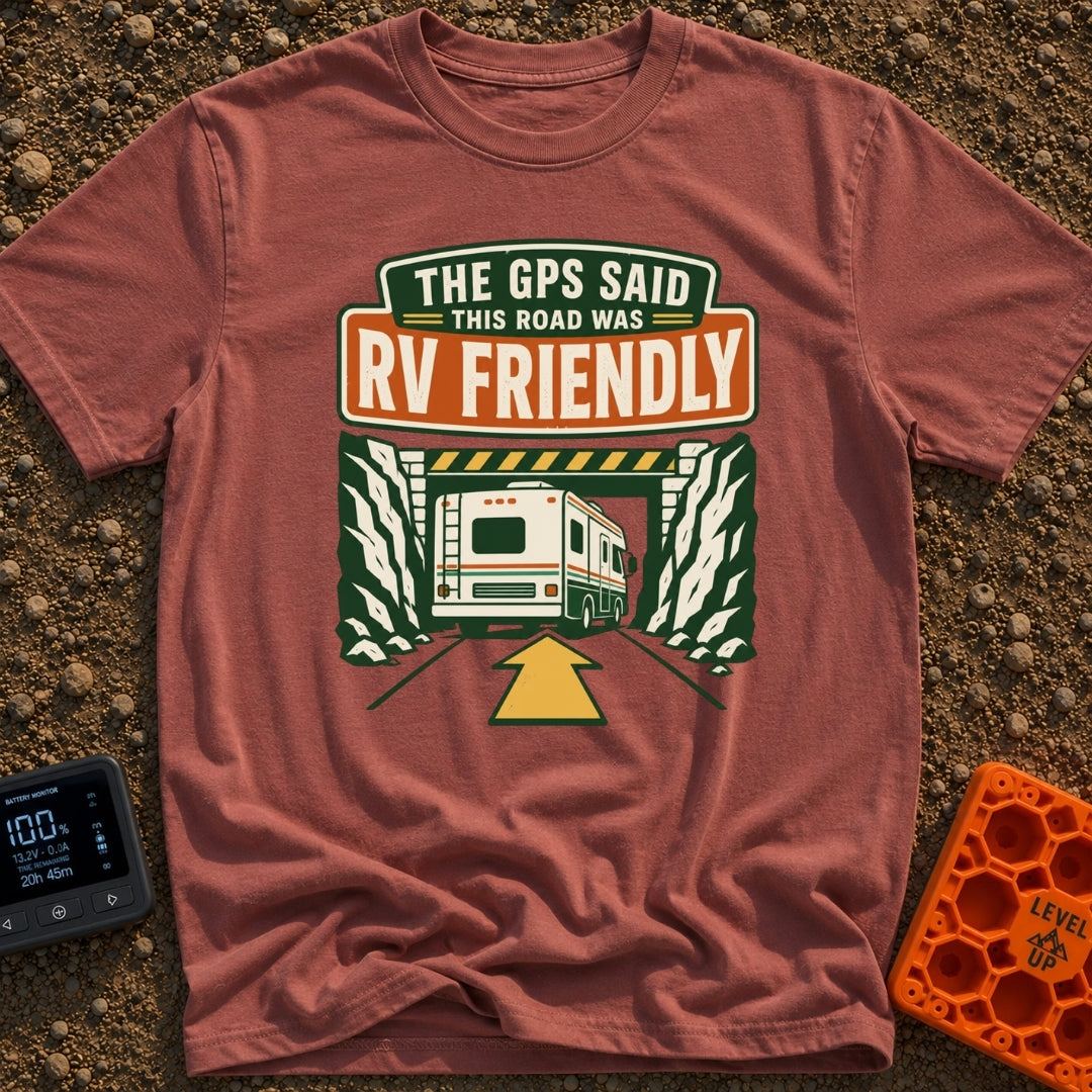 But The GPS Said - T-Shirt in Brick - A retro-style illustration of a motorhome driving toward a low-clearance tunnel...