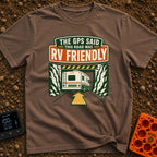 But The GPS Said - T-Shirt in Espresso - A retro-style illustration of a motorhome driving toward a low-clearance tunnel...