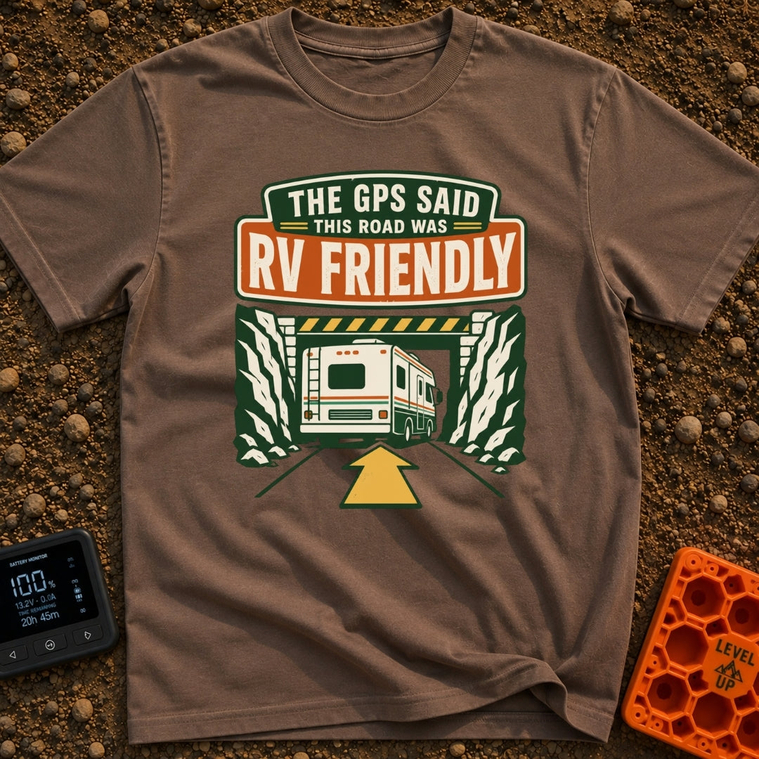 But The GPS Said - T-Shirt in Espresso - A retro-style illustration of a motorhome driving toward a low-clearance tunnel...
