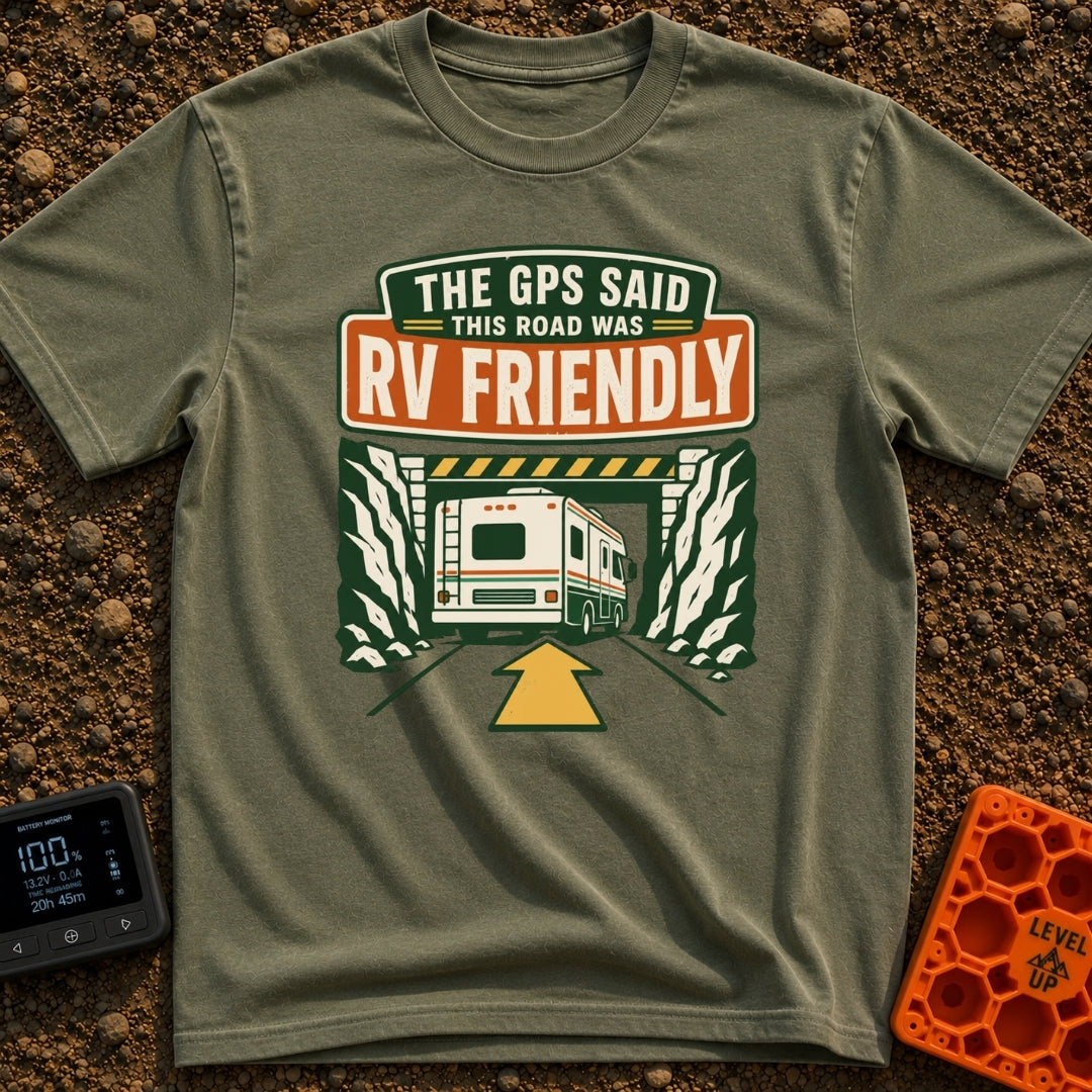 But The GPS Said - T-Shirt in Moss - A retro-style illustration of a motorhome driving toward a low-clearance tunnel...