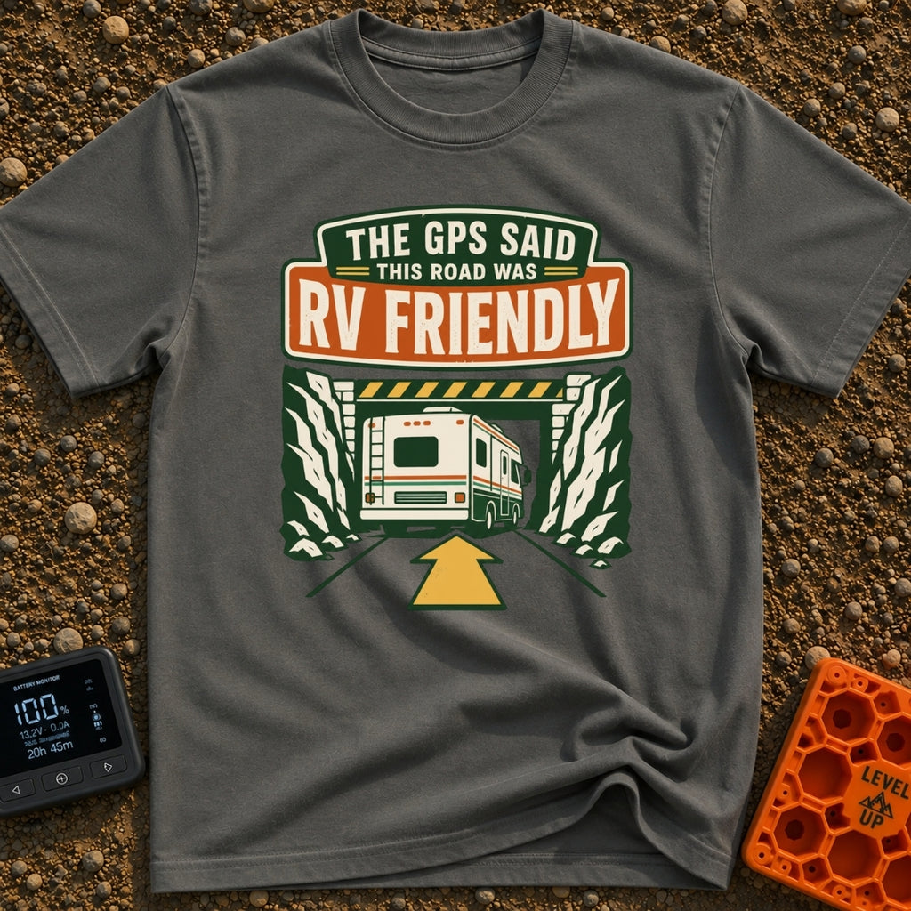 But The GPS Said - T-Shirt in Pepper - A retro-style illustration of a motorhome driving toward a low-clearance tunnel...