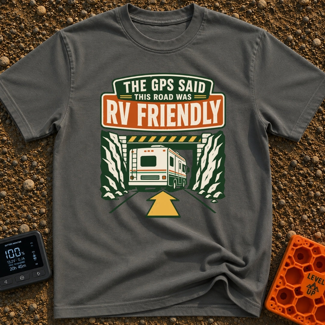 But The GPS Said - T-Shirt in Pepper - A retro-style illustration of a motorhome driving toward a low-clearance tunnel...