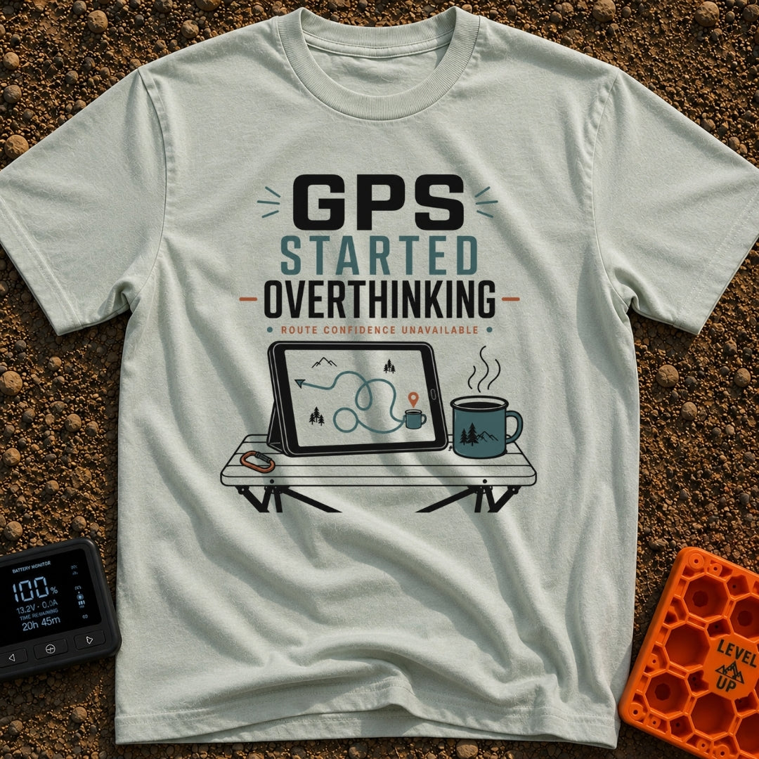 Route Confusion Alert - T-Shirt in Bay - A graphic design featuring the text "GPS STARTED OVERTHINKING" and "ROUTE...