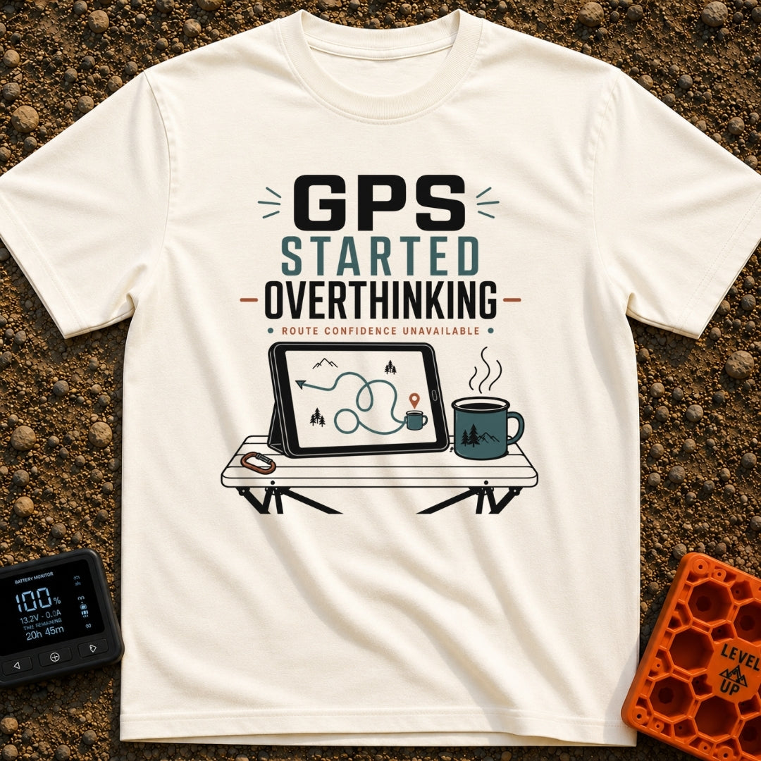 Route Confusion Alert - T-Shirt in Ivory - A graphic design featuring the text "GPS STARTED OVERTHINKING" and "ROUTE...