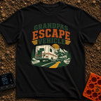 Grandpas Great Escape - T-Shirt in Black - A vintage-style Class C motorhome drives away down a winding paved road toward...
