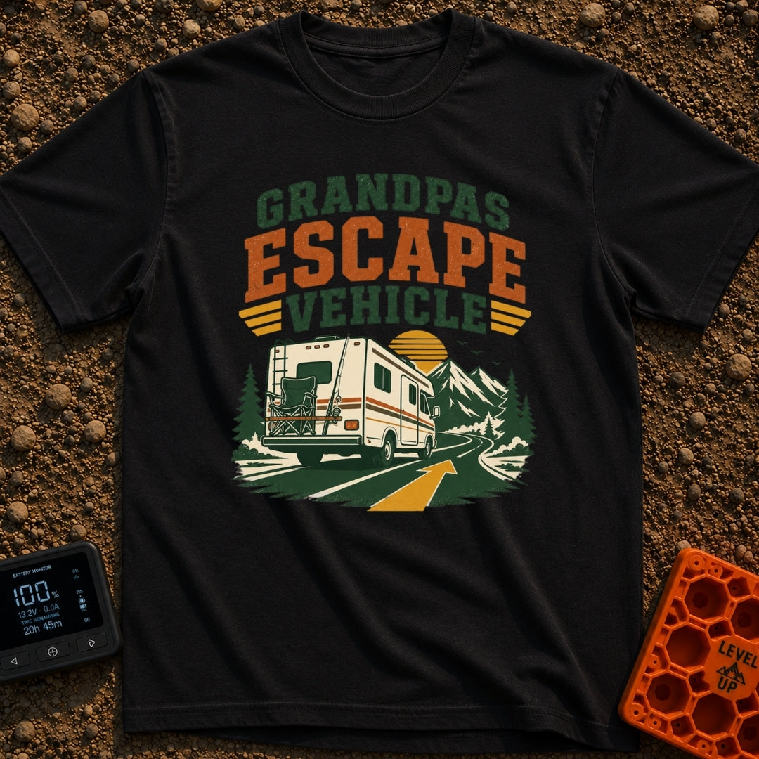 Grandpas Great Escape - T-Shirt in Black - A vintage-style Class C motorhome drives away down a winding paved road toward...
