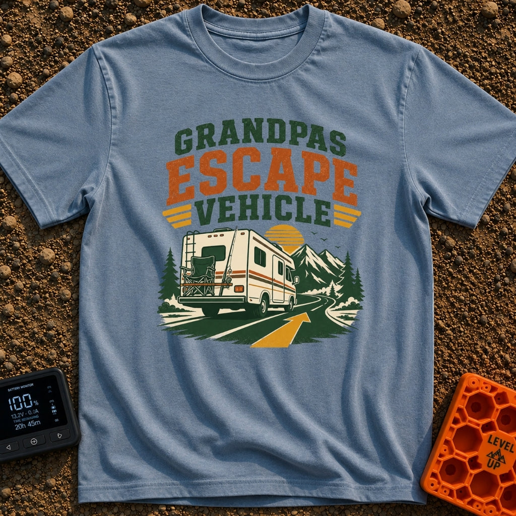 Grandpas Great Escape - T-Shirt in Blue Jean - A vintage-style Class C motorhome drives away down a winding paved road...