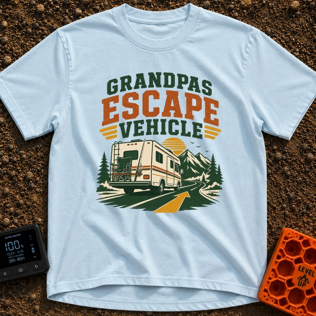 Grandpas Great Escape - T-Shirt in Chambray - A vintage-style Class C motorhome drives away down a winding paved road...