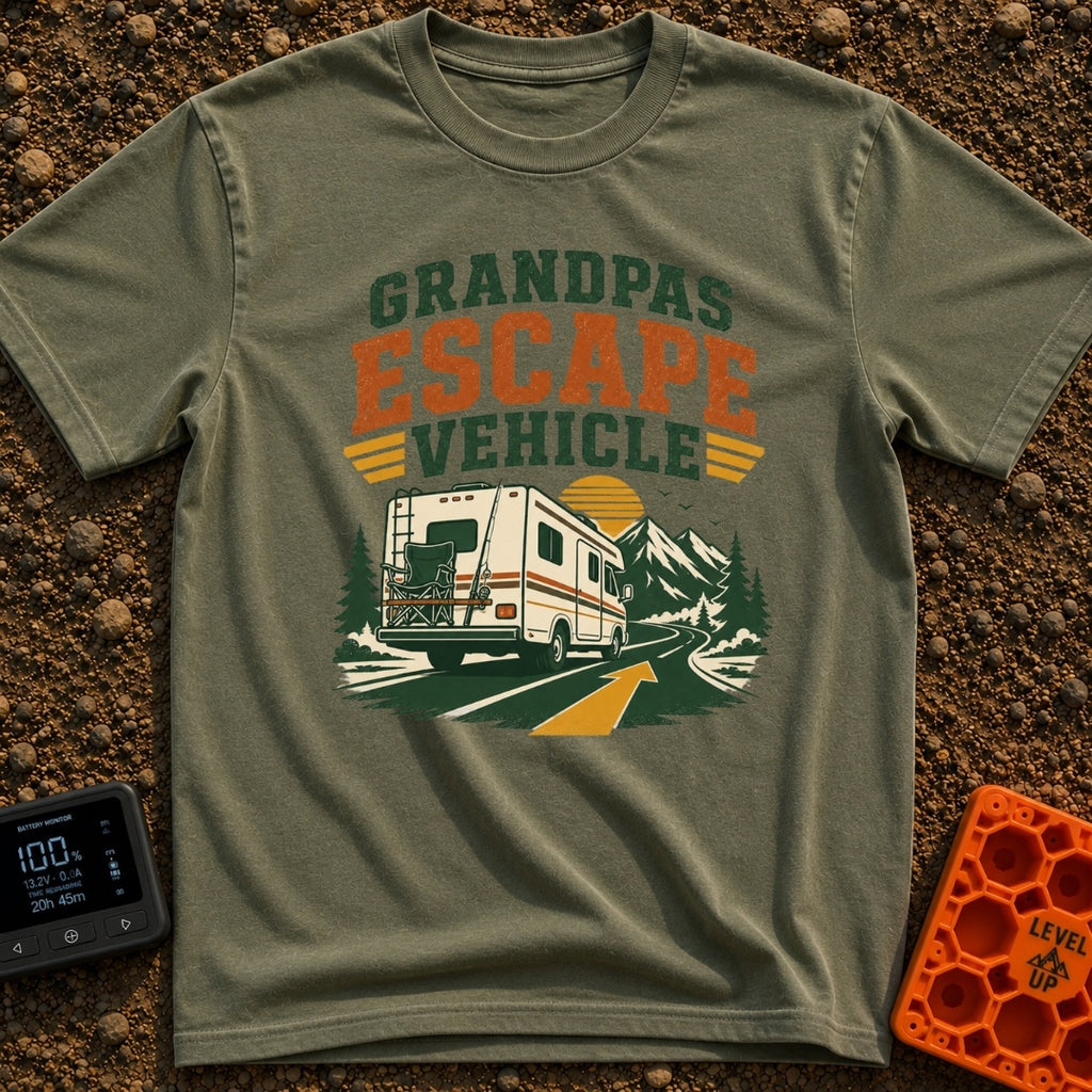 Grandpas Great Escape - T-Shirt in Moss - A vintage-style Class C motorhome drives away down a winding paved road toward...