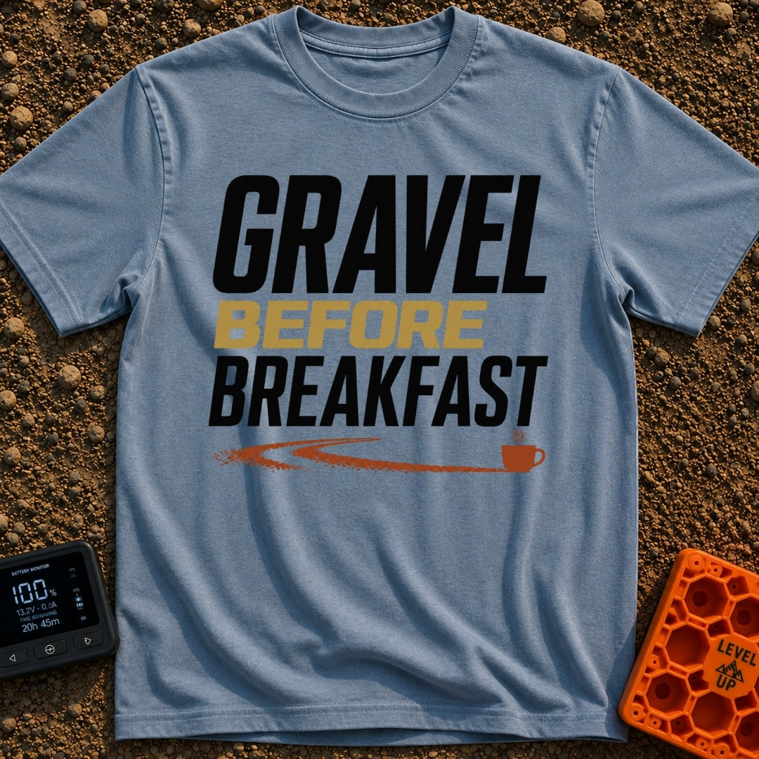 Gravel Before Breakfast - T-Shirt in Blue Jean - A typographic design reading "GRAVEL BEFORE BREAKFAST" in bold letters,...