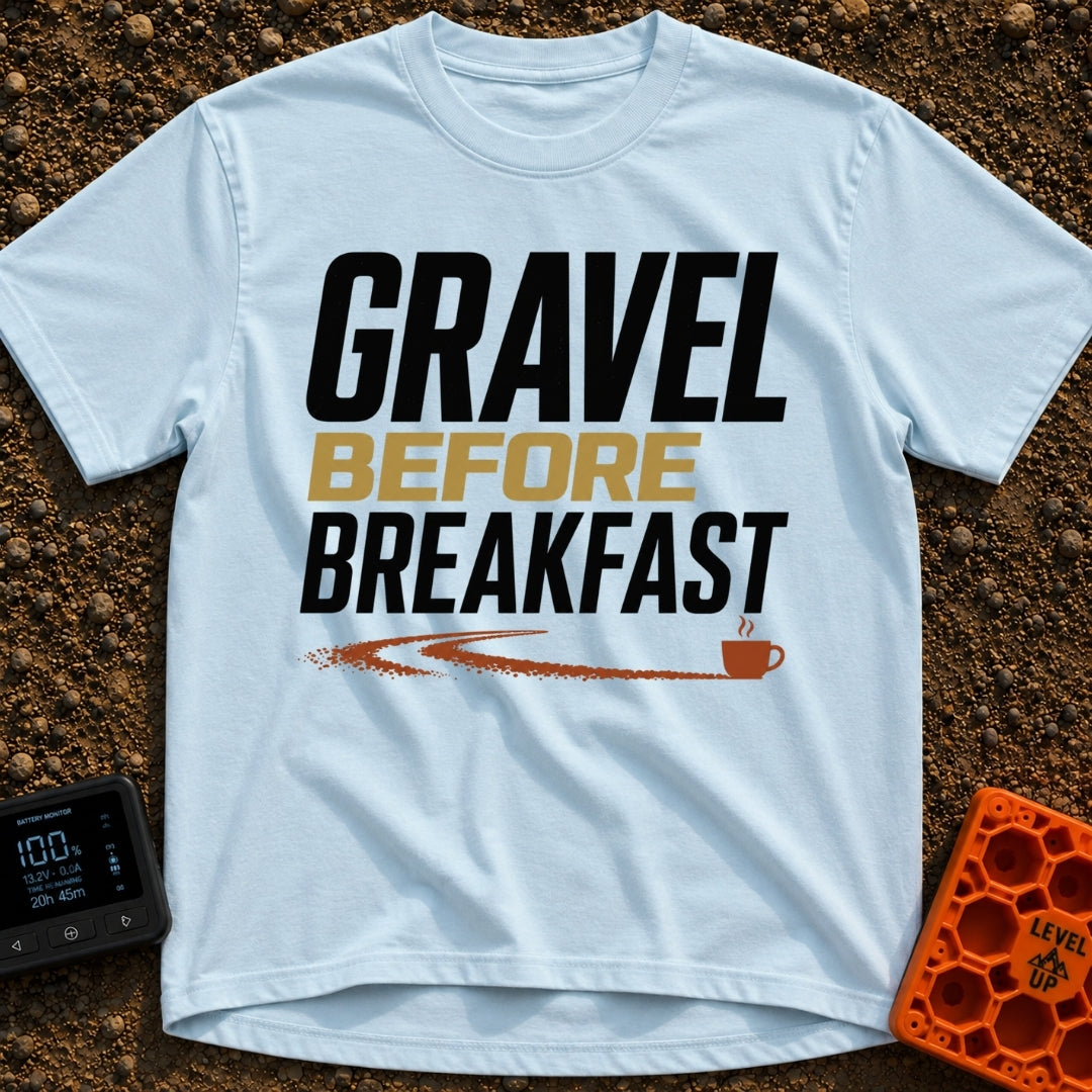 Gravel Before Breakfast - T-Shirt in Chambray - A typographic design reading "GRAVEL BEFORE BREAKFAST" in bold letters,...