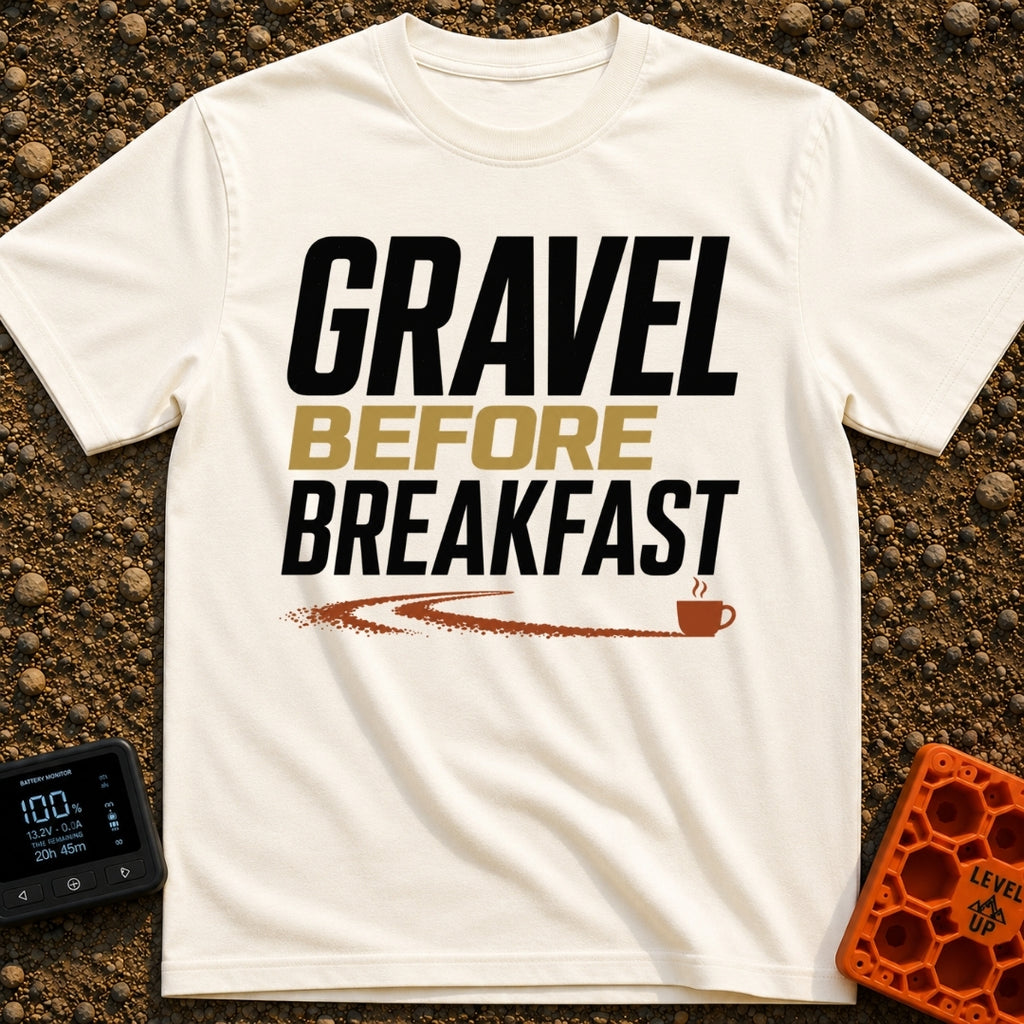 Gravel Before Breakfast - T-Shirt in Ivory - A typographic design reading "GRAVEL BEFORE BREAKFAST" in bold letters, with...