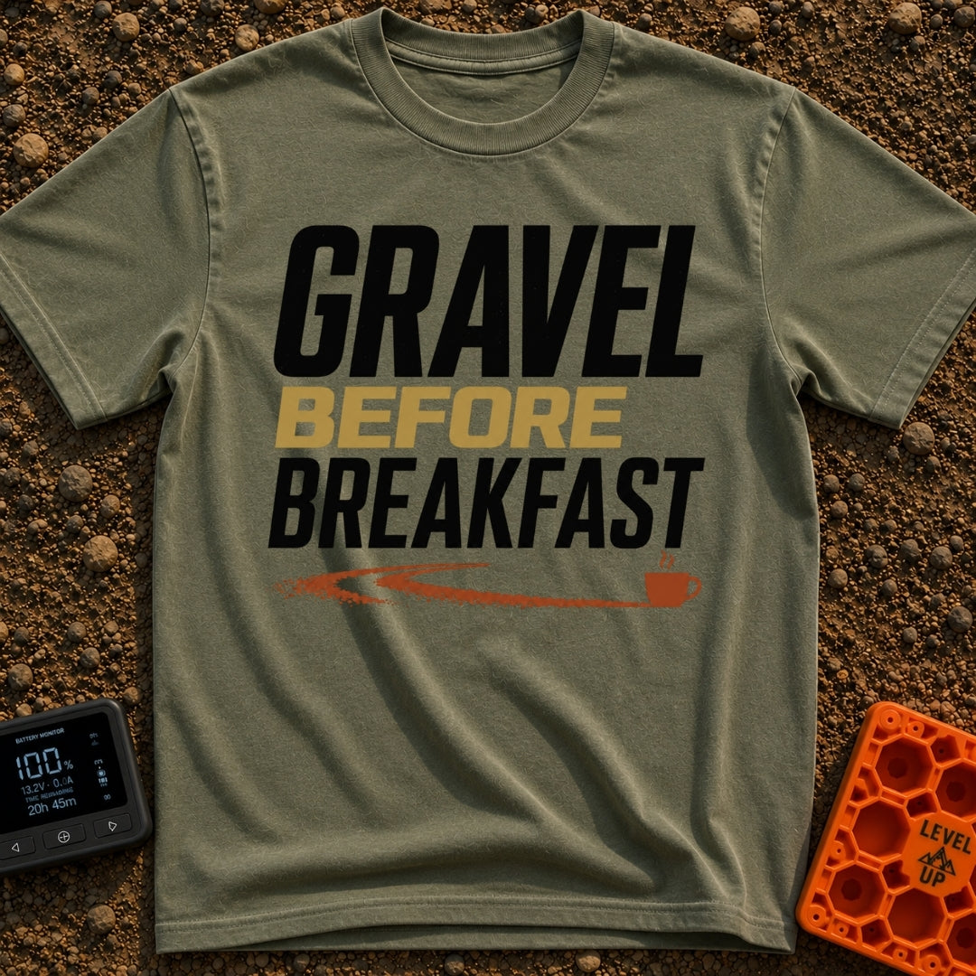 Gravel Before Breakfast - T-Shirt in Moss - A typographic design reading "GRAVEL BEFORE BREAKFAST" in bold letters, with...