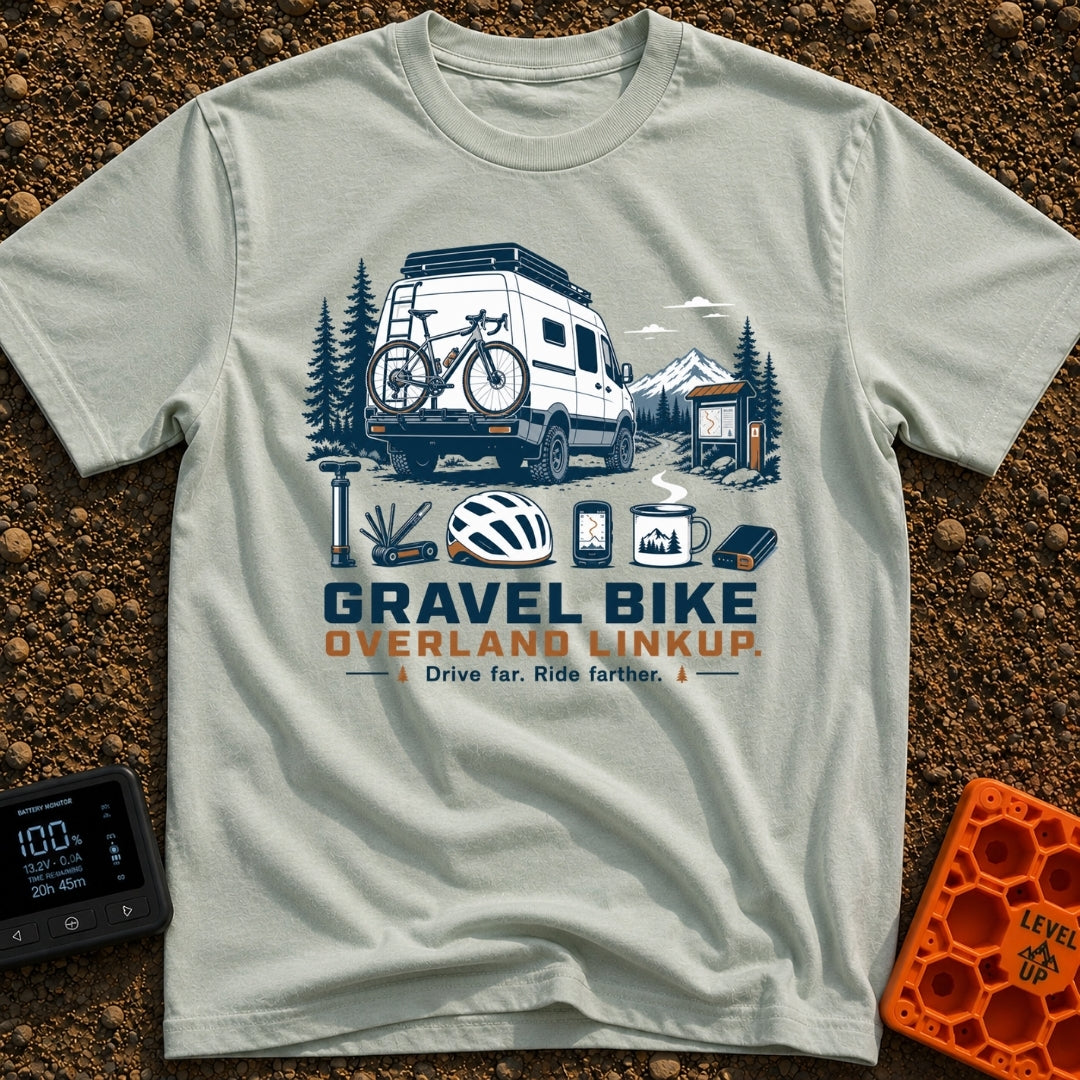 Gravel Travel Linkup - T-Shirt in Bay - An illustration of a white camper van with a rear-mounted bicycle parked on a...