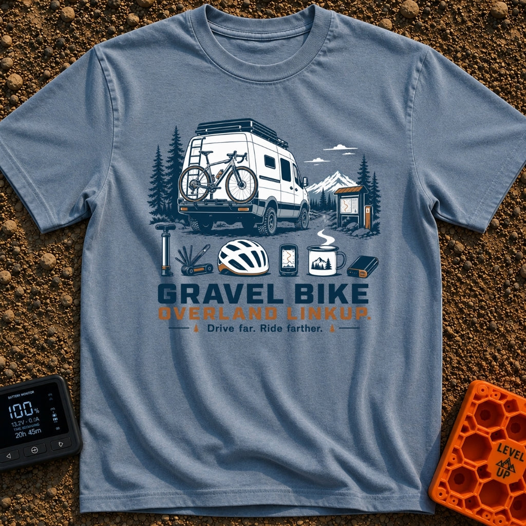 Gravel Travel Linkup - T-Shirt in Blue Jean - An illustration of a white camper van with a rear-mounted bicycle parked on...