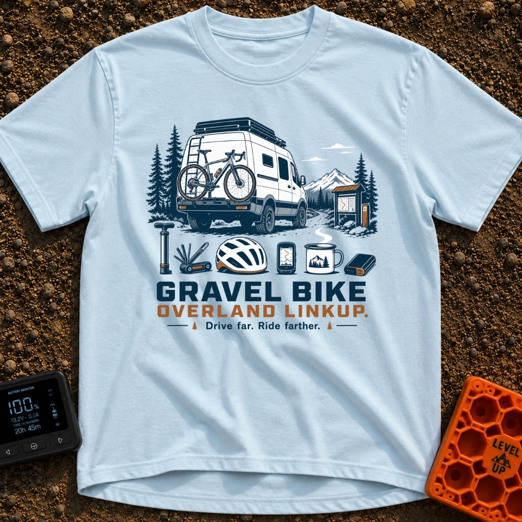 Gravel Travel Linkup - T-Shirt in Chambray - An illustration of a white camper van with a rear-mounted bicycle parked on...